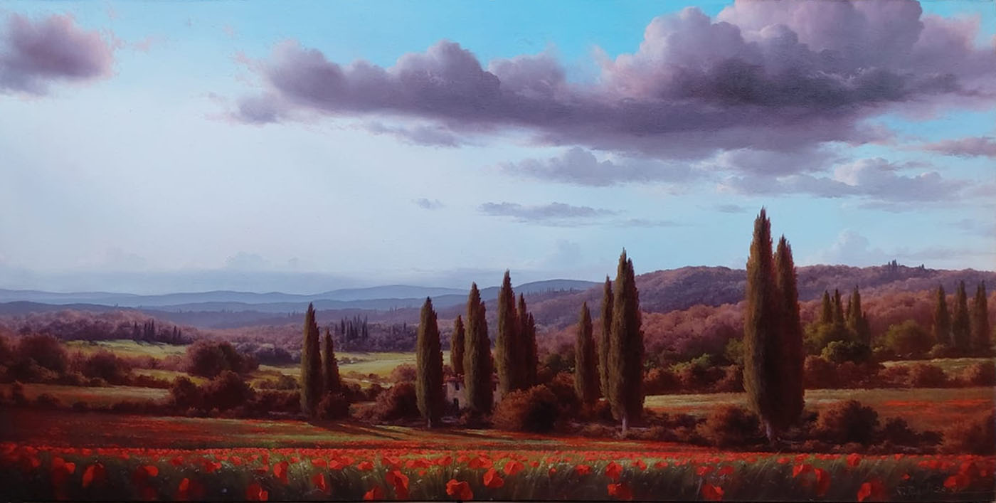 Renzo Regoli R1.2005 Cipressi e papaveri 60×120 cm